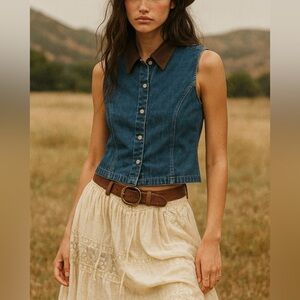 Vintage Talbots Denim Button-Front Barn Vest with Contrast Brown Collar – Size M